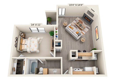 Floor plan for 1 bed, 1 bath, 692 sqft